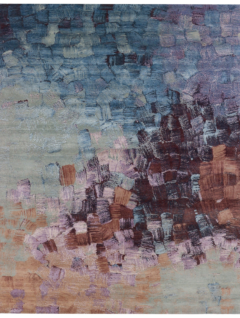 Palette rug with abstract modern stroke texture in dark sunset colors like dark red, blue, lilac and apricot.