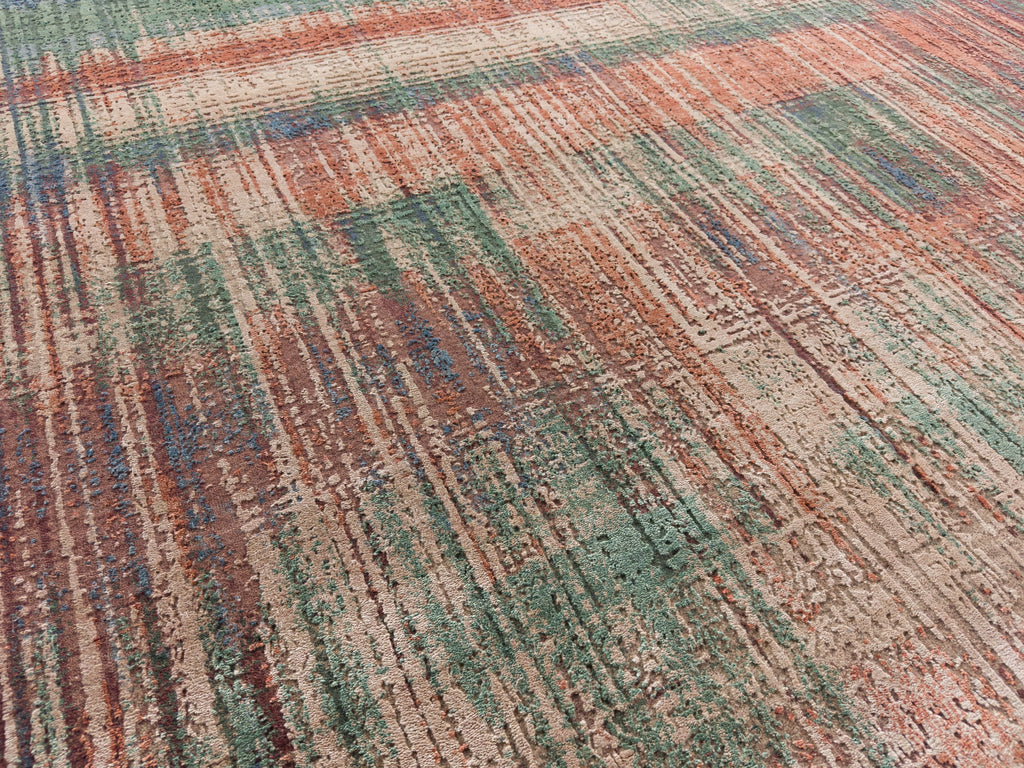 Jade green, beige, terracotta clay and dark blue modern silk rug.