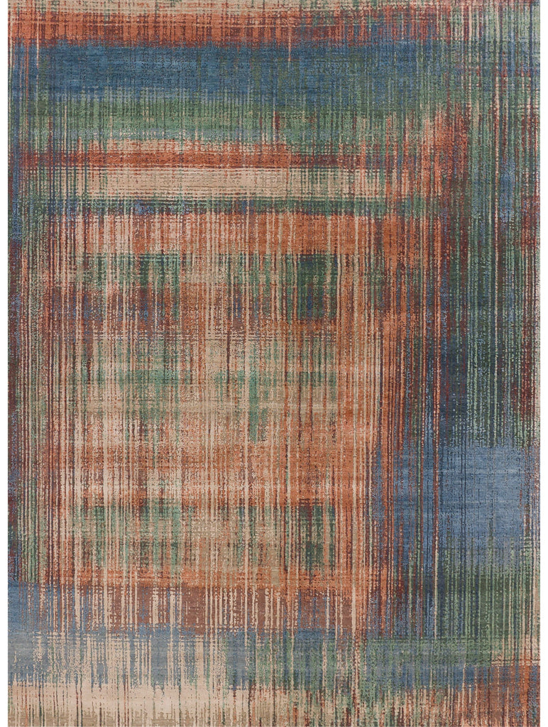 Roya Rugs Palette PL-02 Terracotta / Jade Green modern colorful silk rug with burgundy red and dark blue.