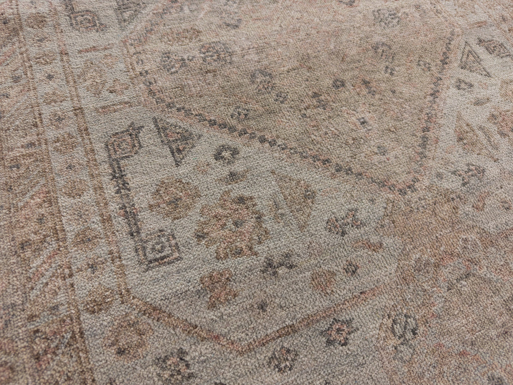 Faint blue green, blush and muted green wool rug runner.