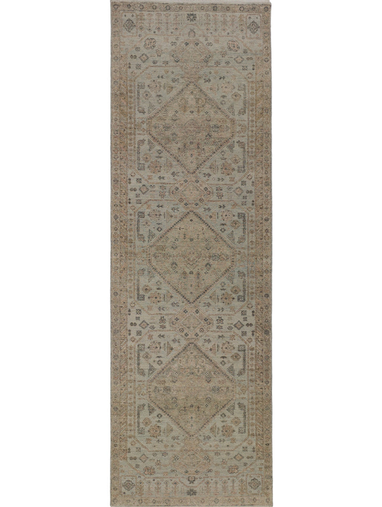 3' x 10' light blue green wool runner with blush, grey and green accents.