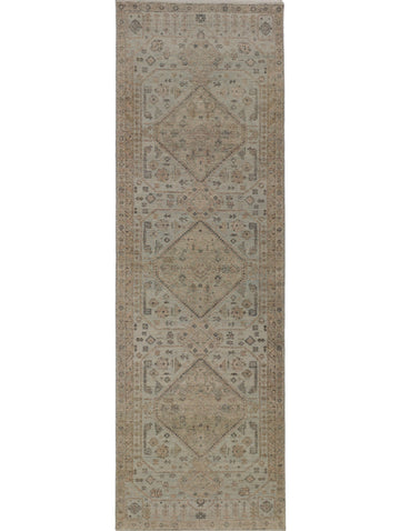 3' x 10' light blue green wool runner with blush, grey and green accents.