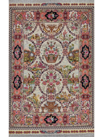 Floral, pictorial and signed 5x7 wool and silk vintage Persian Tabriz area rug with birds, flowers and deers. Rug art for wall.