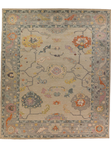 Roya Rugs Hickory North Carolina large oversized 12 x 14 hand knotted wool modern Oushak rug with warm beige, coral, yellow, sage green , grey and lilac.